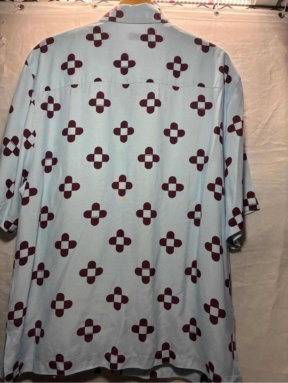 Sandro Light Blue Short-Sleeve Button-Down with Burgundy Geometric Print